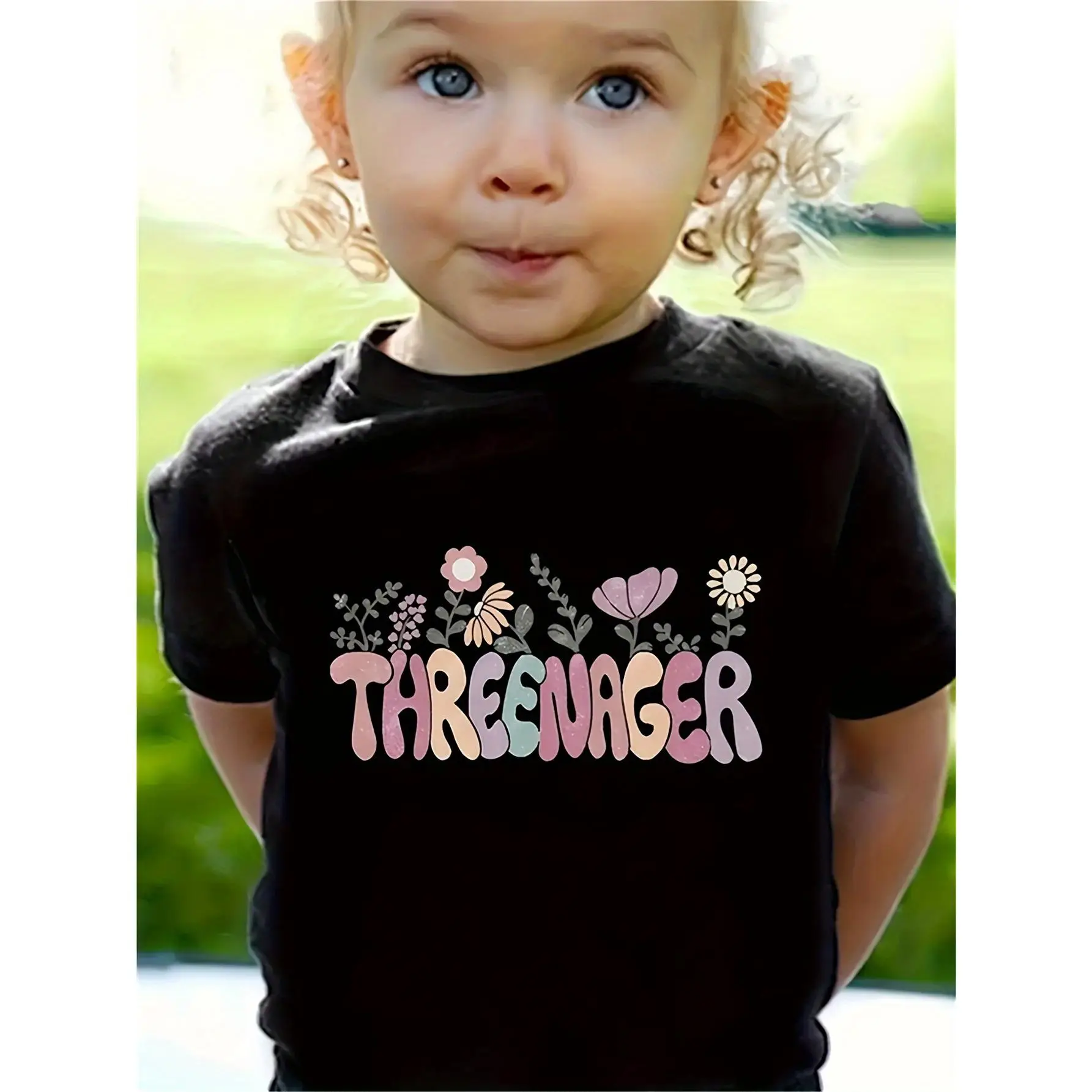 Usable wildflower print girl cotton T-shirt-suitable for third birthday gift soft cotton machine washable casual summer T-shirt floral pattern summer