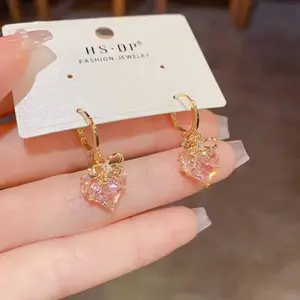 LisiZen Exquisite Fairy Sweet Bowknot Zircon Heart Clip-on Earrings, Stylish Light Luxury Versatile High-end Shiny Dangle Earrings DZEH5552