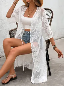 Women's Geometric Embroidery Cover Up, Casual Long Sleeve Sheer Cover Up Top for Beach Vacation, Ladies Swimwear for All Seasons, Beach Swimsuit Cover