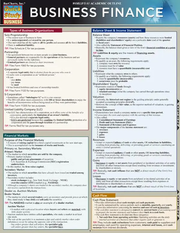 BarCharts-Inc. Laminated Quick Study Finance Guide Book, 6-Page English Edition, In-Depth Look at Business Finance for Business Owners to Build Strong Knowledge of Financial Tools, Reference, Printed Text
