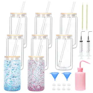 8 Pack 16oz Acrylic Snow Globe Tumbler, Double Wall Plastic Cup with Bamboo Lid, Straw & DIY Tool Kit, Perfect for DIY Snow Globe Gifts