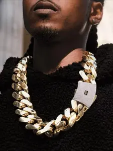 Hip Hop Jewelry 14K 18k Gold Plated Monaco Chain Classic Miwa Lock Necklace Big Thick Miami Cuban Chain Men's Necklace Men's and Women's Lab Bred Synthetic Gemstone Gold Plated Cuban Chain Necklace - Interlocking Chain Heavy Duty Pendant Cuban Link Chain