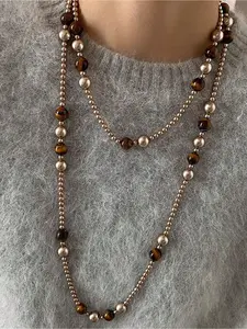 Vintage Mermaid Tiger Eye Stone Faux Pearl Long Beaded Necklace, Design Women Layered Party Sweater Chain, Unique Jewelry Accessory, Dainty Pearl Necklace
