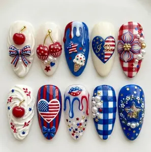 Handmade 4th of July Americana Press On Nails | Cute 3D Cherry Whipped Cream Ice Cream Art | Red, White Blue Patriotic Gingham Nails