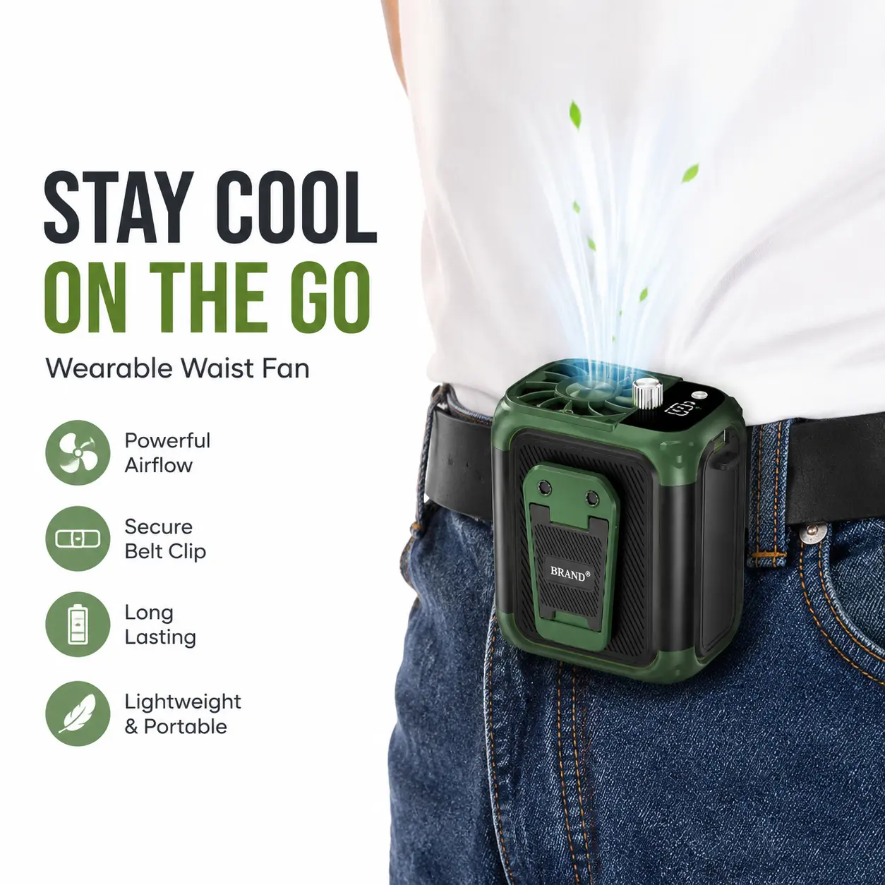 Portable Clip-On Waist Fan - Wearable Belt Fan with Adjustable Speed (150 Levels), Rechargeable Lithium Ion Batteries, LED Light Flashlight, Hands-Free Cooling for Outdoor Camping, Fishing