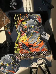 Women's Retro Style Dragon Cartoon Print Dress, Comfortable Summer for Outdoor Activities & Daily Wear