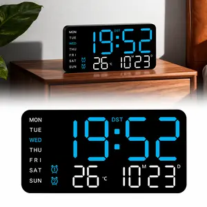 Multifunctional Decorative Led Digital Wall Clock,Large Digital Clock Shows Time,Date,Temperature,Auto Brightness Adjustment,Dual Alarms,Electronic Clock for Livingroom (Blue lamp with black shell)