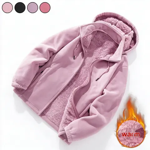 Women’s autumn/winter fleece jacket/cardigan with thick lining for warmth, hooded, casual and stylish, suitable for outdoor sports, detachable hood