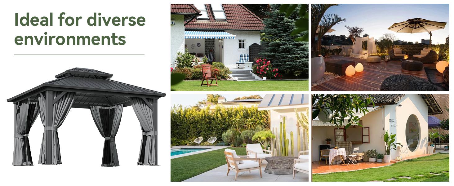 【2 Packages ship separately】Aoxun 12'x10' Hardtop Gazebo Aluminum Frame Galvanized Double Roof Canopy with Netting & Curtains for Garden Patio Storage Shed