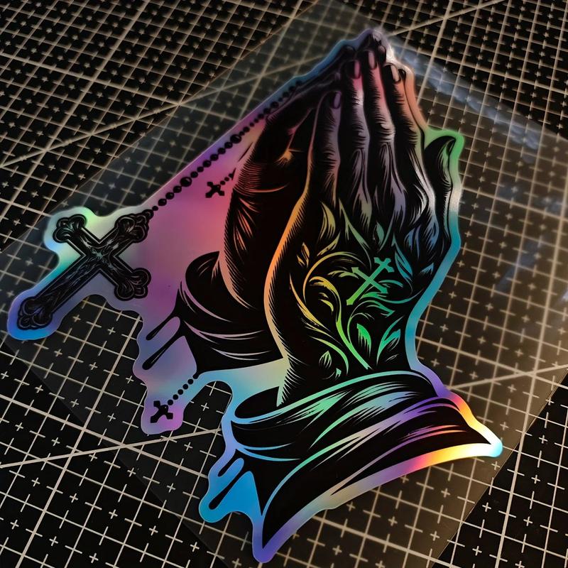 1PC Religious car sticker - Christian praying hands and cross, black gradient to purple - suitable for cars, trucks, motorcycles