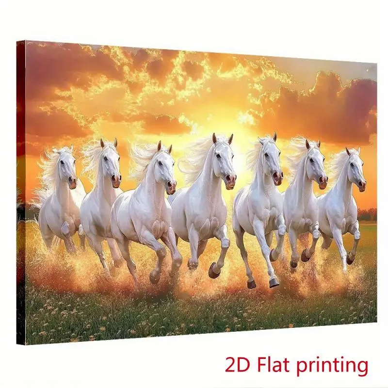 1pc Framed Canvas Wall Art | Seven Lucky White Horses Running Sunset Scene, Vibrant Colors & Dynamic Motion, Symbolizes Strength & Freedom, Multi-Room Decor for Living Room, Bedroom, Bathroom, Office, Hallway, Horse Lover Gifts, Wooden Frame