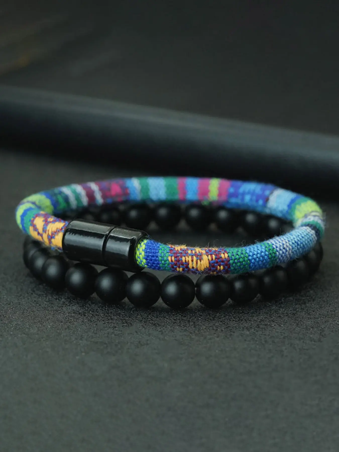 Men's Magnetic Buckle Bracelet Set, Boho Fabric Cord Ethnic Weave, 2-Piece Gift for Him, Handmade Jewelry Accessories