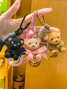 3D Knit Texture Teddy Bear Keychain Set Cute Bow Bear Pendant with Braided Wrist Lanyard & Carabiner Aesthetic Backpack Bag Charm Car Key Accessory Gift for Women Men Teens Bear Lovers