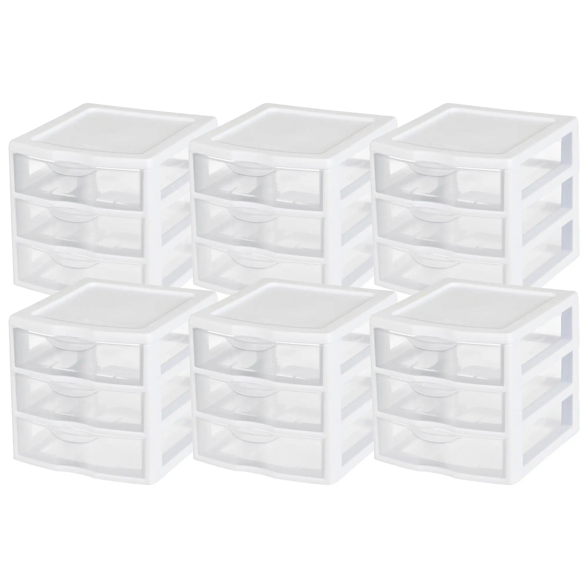 Sterilite ClearView Plastic Small 3 Drawer Desktop Storage Unit, White, 6 Pack