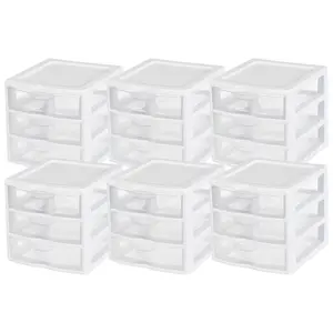Sterilite ClearView Plastic Small 3 Drawer Desktop Storage Unit, White, 6 Pack
