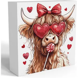 Valentines Day Decorations, Valentines Day Gifts for Her Him, Gift for Boyfriend Girlfriend, Vintage Heart Bow Highland Cow Anniversary Wooden Box Sign Husband Wife Home Office Bedroom Desk Decor 5x5 inch