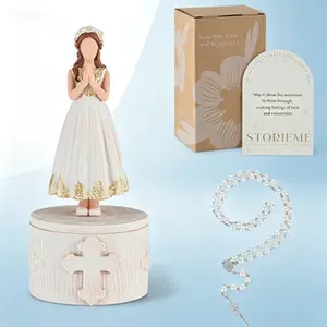 Christian Holy Communion Keepsake Box for Girls with Rosary Cross Bracelet - First Communion Decorations Gift Set - Religious Catholic Present for Baptism Confirmation Ceremony - Beautiful Keepsake Storage