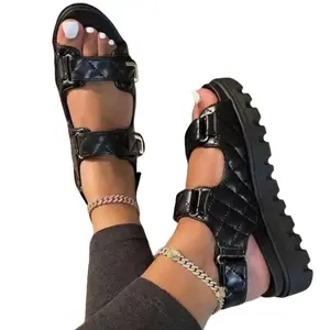 Black Open Toe Platform Sandals with Velcro Closure, Low Heel, PU Material, Casual Style, Available in Sizes 36-43 CM for Summer Footwear - Brown