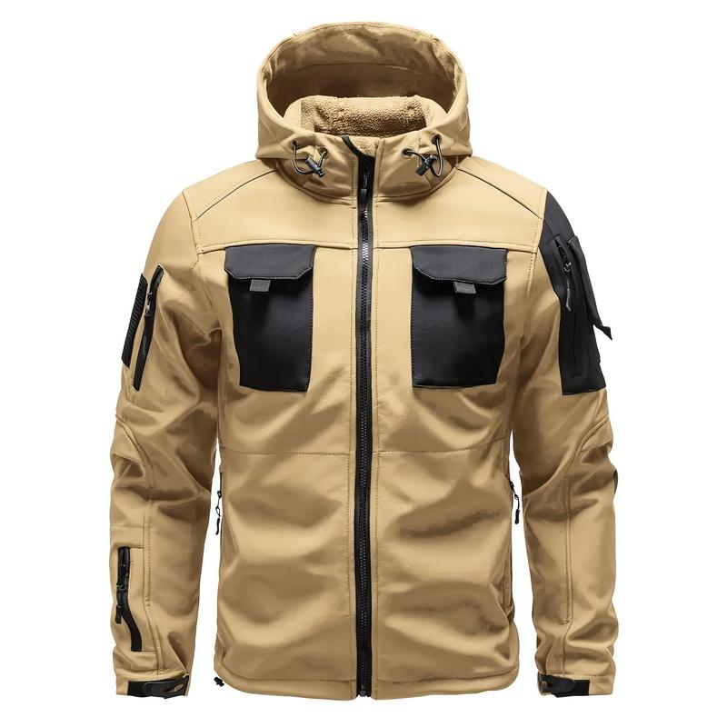 Men's Windproof Fleece Lined Hooded Jacket and Set, Multi-Pocket Design - Durable Polyester Outdoor Gear, Suitable for Hiking, Camping Riding and Camping Accessories tracksuit outfit Unisex Street Style Hoodsolid color long sleeve hoodiathletic activewear