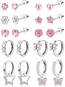 10Pairs Earrings for Women Girls Silver Stud Hoop Earrings Set Ear Studs Cute Surgical Steel Hypoallergenic Earrings Pink Heart Butterfly Flower Pearl Screw Back Earrings for Kids Sleeper Earrings