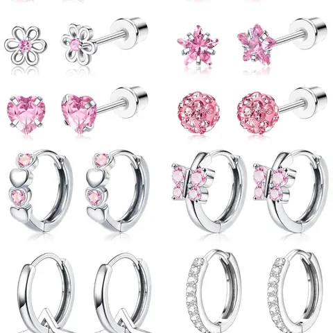 10 Pairs Earrings for Women Girls, Cute Surgical Steel Hypoallergenic Hoop Earrings, Heart Butterfly Flower Pearl, Daily Wear