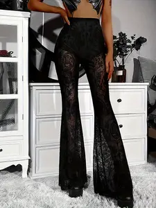 Dark style hollow sexy slim fitted lace patchwork semi-transparent high-waisted Elastic flared pants