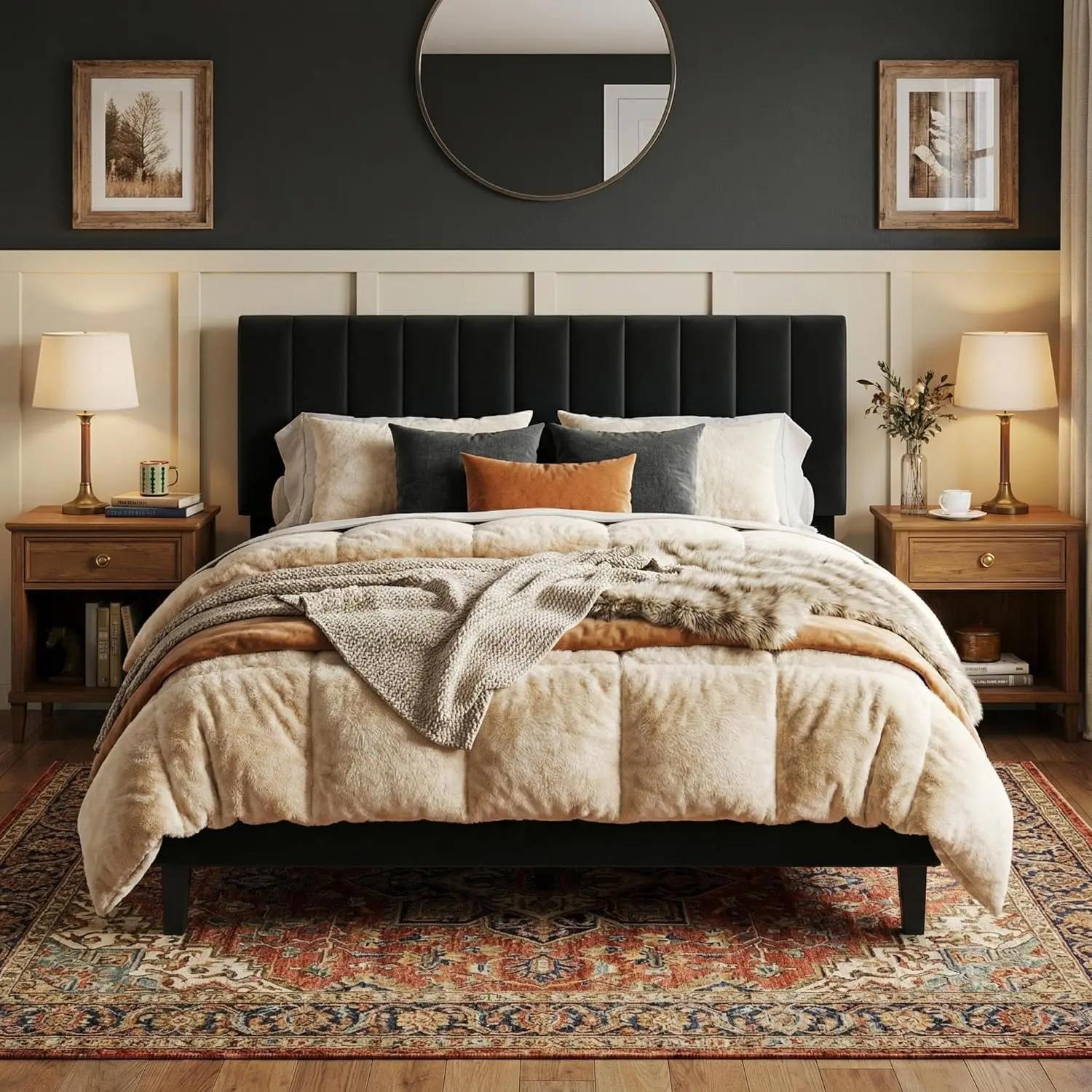 Velvet Upholstered Queen Sized Bed Frame - Full/King Sizes Available, Adjustable Vertical Channel Tufted Headboard, Sturdy Black Construction with USB Outlet, No Box Spring Needed, Easy Assembly, Bed Frames, Queen Bed Frame