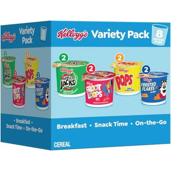 Kellogg's Cereal Variety Pack Cups, Frosted Flakes, Froot Loops, Apple Jacks and Corn Pops, 8 Count