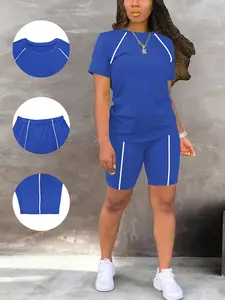 Women's Summer Round Neck Short Sleeve Long Pants Set, Casual Sportswear with Stylish Striped Detail, Versatile Basic for Home & Outdoor, Athletic Sports Clothing, Athleisure Wear Set, Athletic Style Activewear