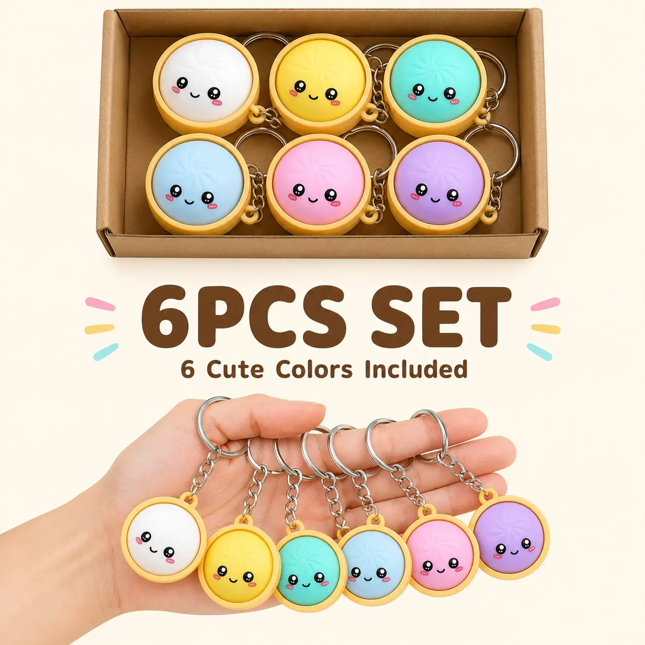 6PCS Cute Dumpling Keychain Set,Keychains Cute,Mini Kawaii Food Charms with Metal Key Ring,Colorful Soft Bun Dumpling Accessories for Keys,Bags,Backpacks,Purses,Party Favors and Gifts for Adults