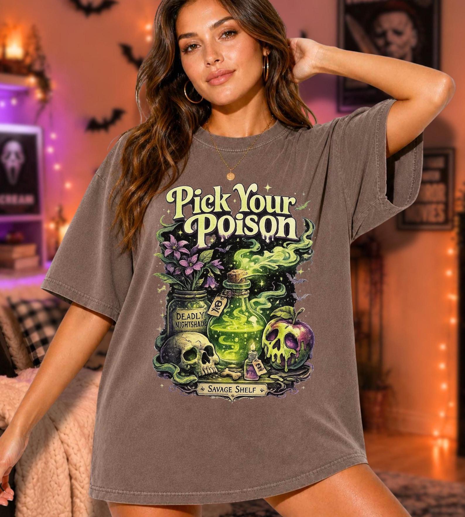 Pick Your Poison Witchy Potion Skull T-Shirt, Spooky Halloween Graphic Tee, Gothic Witch Shirt, Occult Style Fall Gift for Her