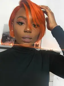 13*4 Lace Front Short Pixie Cut Wigs for Black Women, Ginger Orange Human Hair Wigs, Natural Fluffy Wigs with Baby Hair Bangs, Glueless Frontal Wig, Wigs for Party, Daily Use