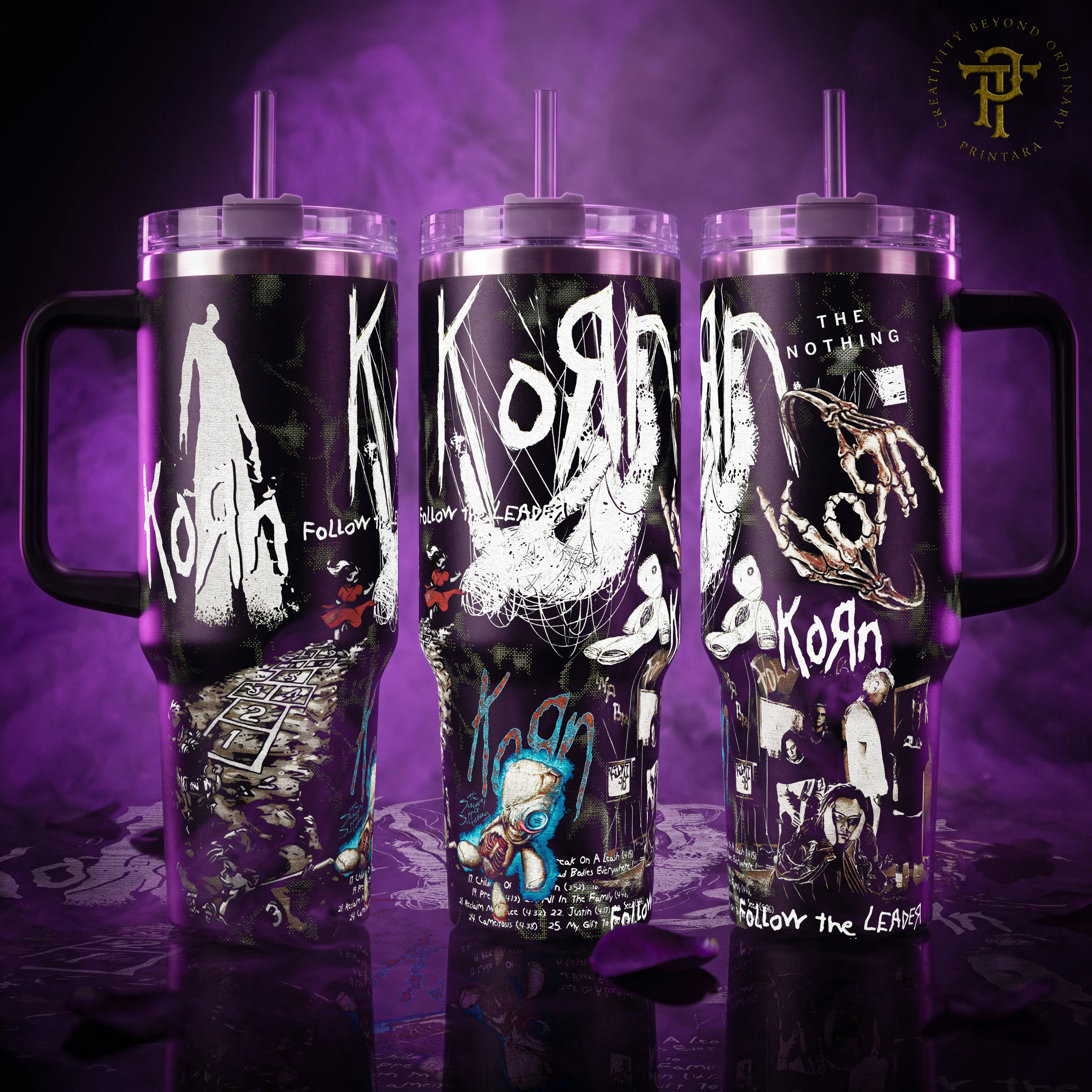 Korn Follow The Leader Album The Nothing 40 20 oz Insulated Tumbler Stainless Steel Handle Straw Keeps Drinks Hot Cold Nu Metal Band Merch For Music Fans Bottled Reusable Drinkware