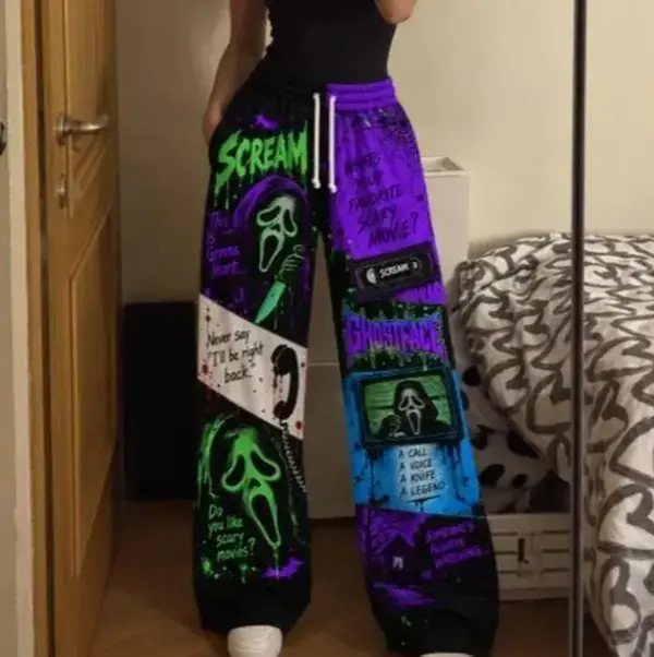 Ghostface Horror Loose Sweatpants, Scream Inspired Neon Graphic Wide Leg Pants, Halloween Slasher Movie Streetwear, Unisex Baggy Pants