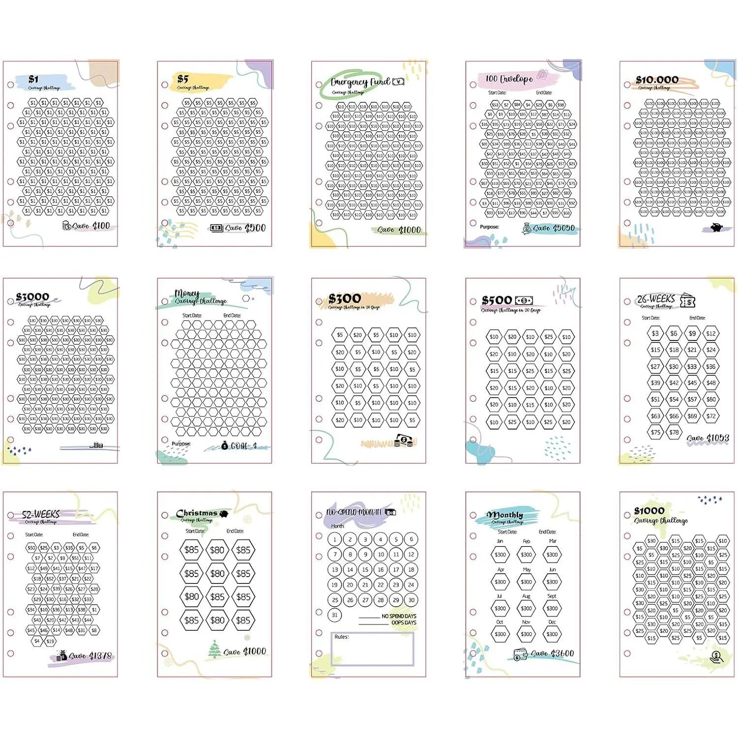 Laminated  Savings Challenge  for 6-Ring A6 Binders,Reusable  Savings  sheets,multiple budget cards for savings journey planner(15pcs) Goal Tracking
