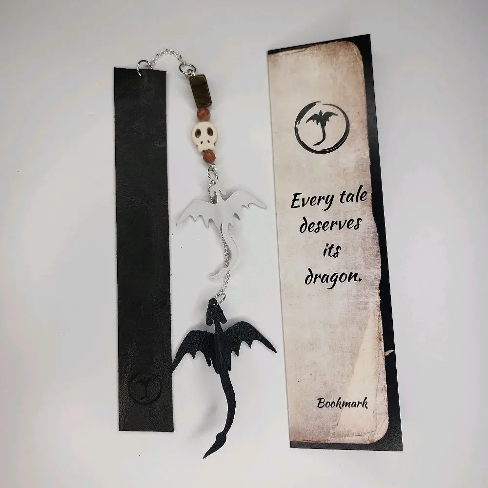 Rider’s Oath Dragon Leather Bookmark with Tigers Eye, Red Malachite, Howlite Skull