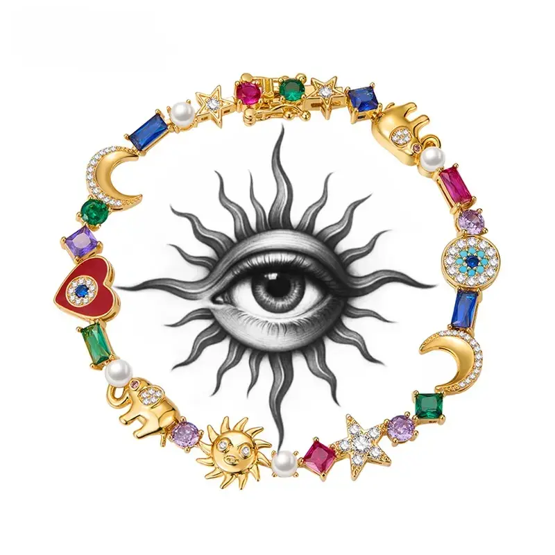 14K Gold-Plated Stackable Zirconia Bracelet for Women, Evil Eye Lucky Elephant Moon & Stars Rainbow Charm Bracelet, Fashion Jewelry Gift for Valentine's Day, Birthday, Mother's Day, Graduation