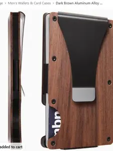 Dark Brown Aluminum Alloy Business Slim Wallet - RFID Blocking, Front Pocket, Minimalist Design, Natural Wood Bamboo Accents, Money Clip, Credit Card Holder for Men