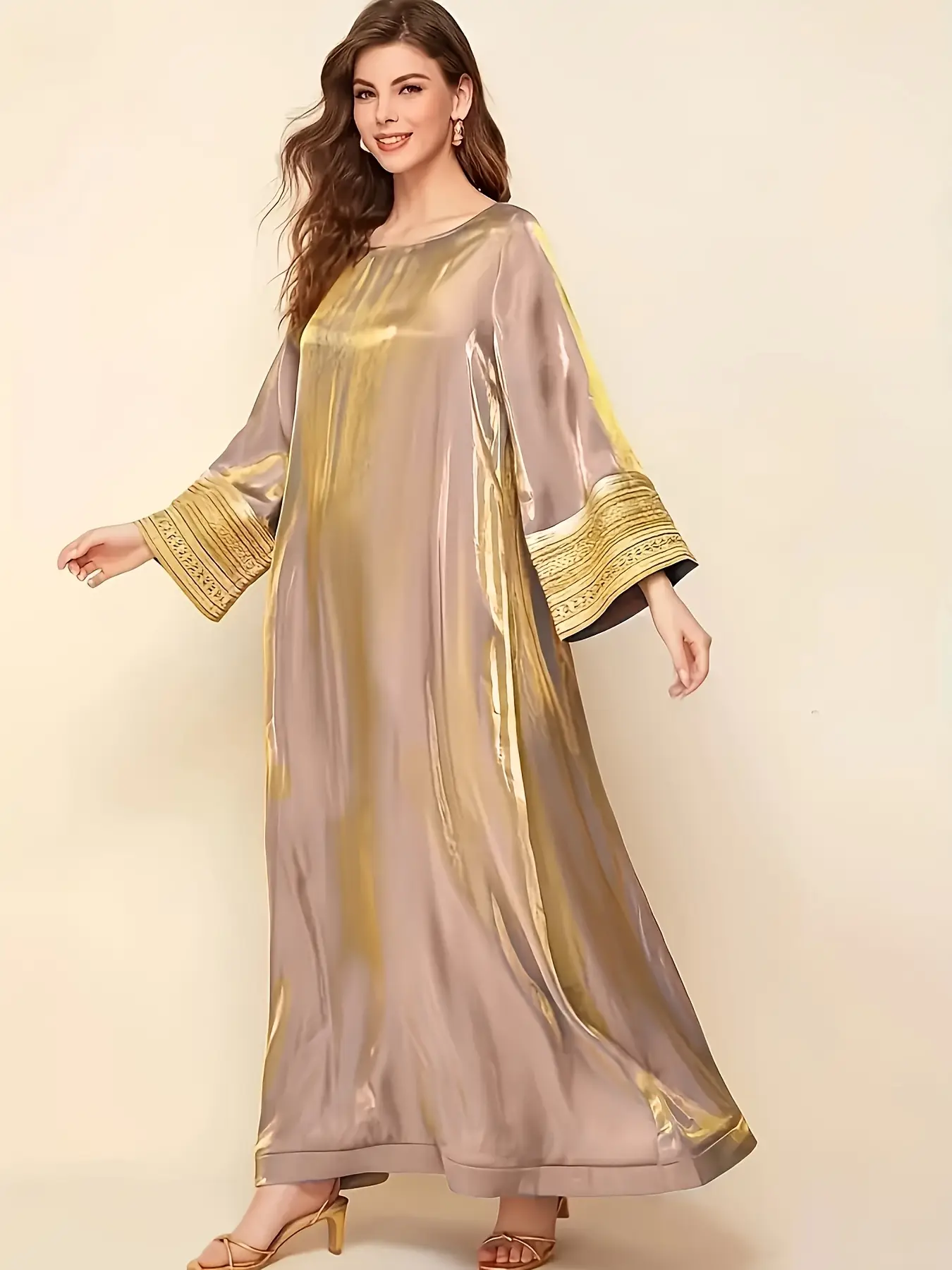 Elegant Long Sleeve Loose Fit Dress, Reflective Lace Decoration Round Neck Maxi Dress, Women's Fashion Clothing for Special Occasions, Casual Wear