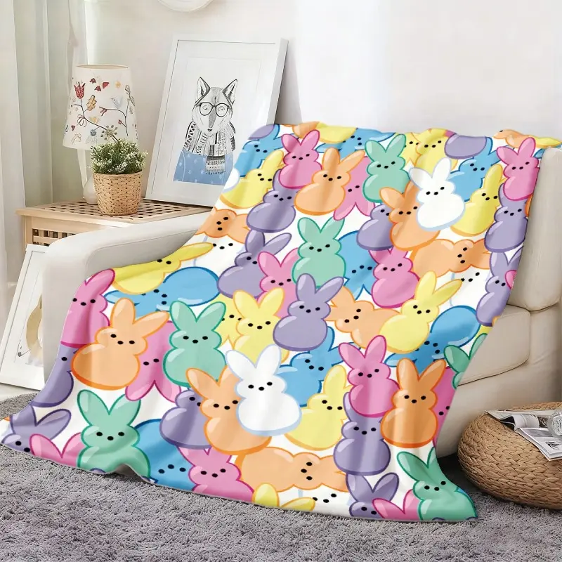 1pc Easter Rabbit Marshmallow Flannel Blanket - Bohemian High-Definition Printed Pastel Bunny Design, Soft Warm Lightweight Polyester Throw, Machine Washable, Cozy Home Decor Gift for Sofa, Bedroom