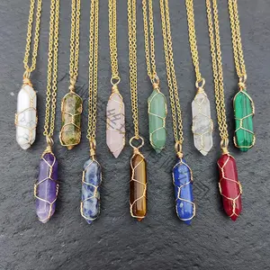 Popular Winding Amethyst Double Pointed Hexagon Prism Pendant Natural Stone Agate Bullet Necklace Winding Necklace