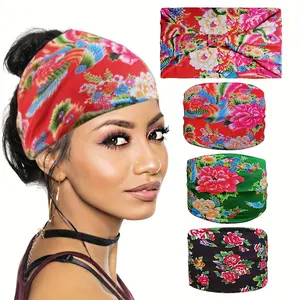 Women's Unisex 4Pcs/Pack Fashionable Print Breathable Tubi Hair Wrap, Sweat-Absorbent Yoga & Sports Headband for Girls