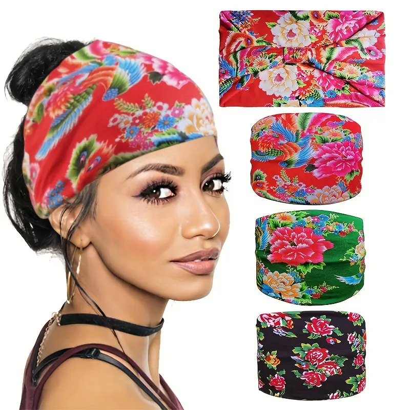 Women's 4-Pack Fashionable Print Breathable Tubi Hair Wrap Headband Set, Sweat-Wicking Wide Athletic Hair Scarf Headband for Yoga & Sports, Sweat Wicking Headband