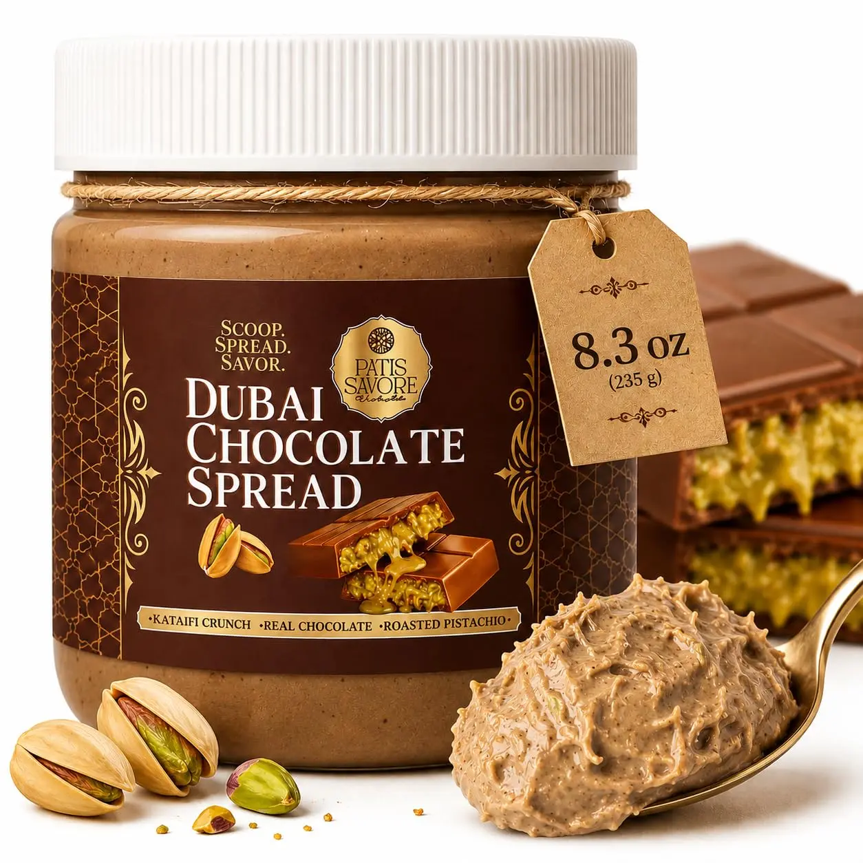 Dubai Style Chocolate with Pistachio Cream & Crispy Kataifi 8.3 oz, Premium Milk Chocolate Bar, Gourmet Dessert Gift for Sharing