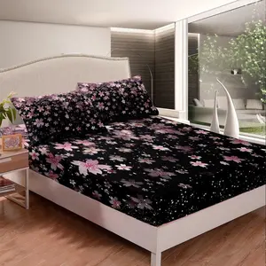 Cherry Blossoms Luxury Fitted Sheet,Twin Size Sakura Flower Bedding Set,Romantic Floral Botanical Bed Sheet Set,Pink Black Bed Cover Deep Pocket
