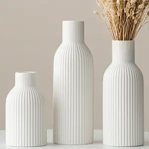 Modern Ceramic Vases Set of 3, White Ribbed Decorative Vases, Shelf Table Centerpiece for  Decor (White)