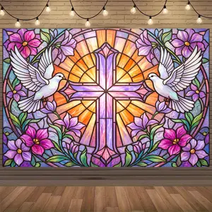 2D Flat Christian Stained Glass Backdrop, Colorful Cross & Flying Doves Polyester Photo Booth Wall Decor for Baptism First Communion Tailgate Religious Spiritual Party Decoration, Party Banner