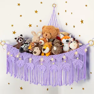 Macrame Stuffed  Storage with  Light, Bear Purple Hammock for Girls Room Decor, Corner Hanging Mesh Organizer Idea for , Plushies  Wall Hanging Display Holder