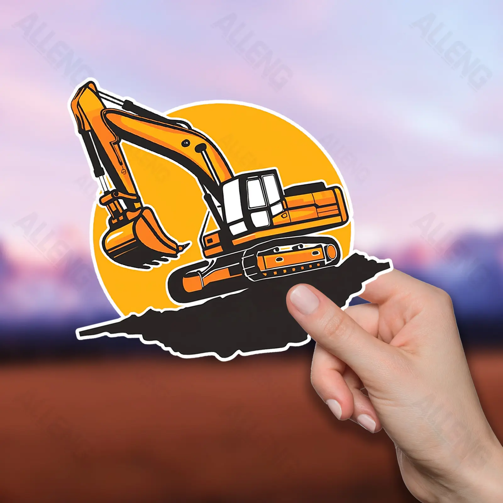 1PC Sticker, Automotive Decals For Car Bodies, Decor Items Orange-Yellow Background Excavator Image, Workwear-Style Line Decor With Construction Machinery Enthusiast's Vibrant Engineering Vibe, Hardcore Trend Style