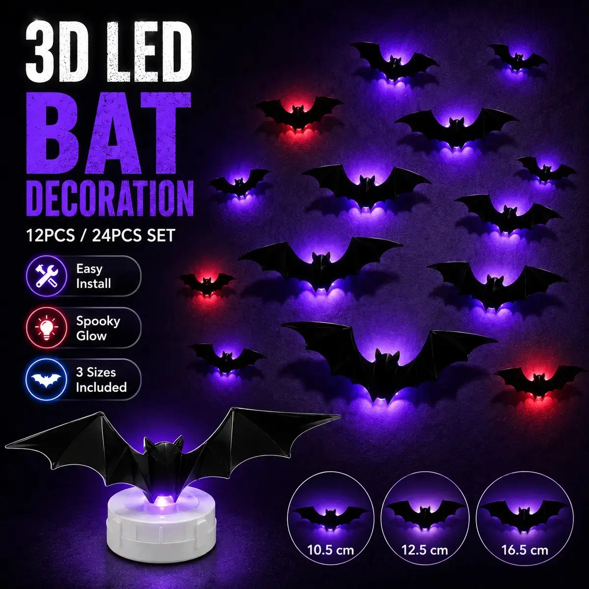 FUDUOO 3D Bat Light LED Decorations, 12pcs/36/pcs Halloween Spooky Ornaments, Purple Backlit Up Feature Light Up Flashing Modes, Easy Install, Non-Remote Indoor Decor for Home, Party, Window, Door, Bathroom Mirrors,Festival